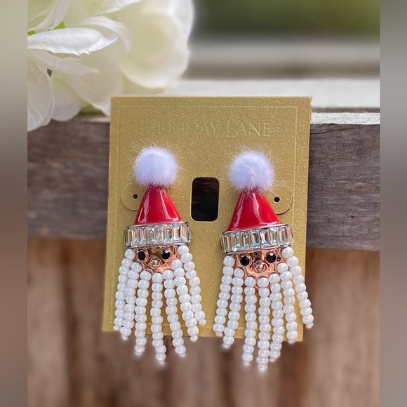 NWT HOLIDAY LANE SILVER TONE CRYSTAL, BEAD AND POM-POM SANTA EARRINGS - Picture 1 of 6